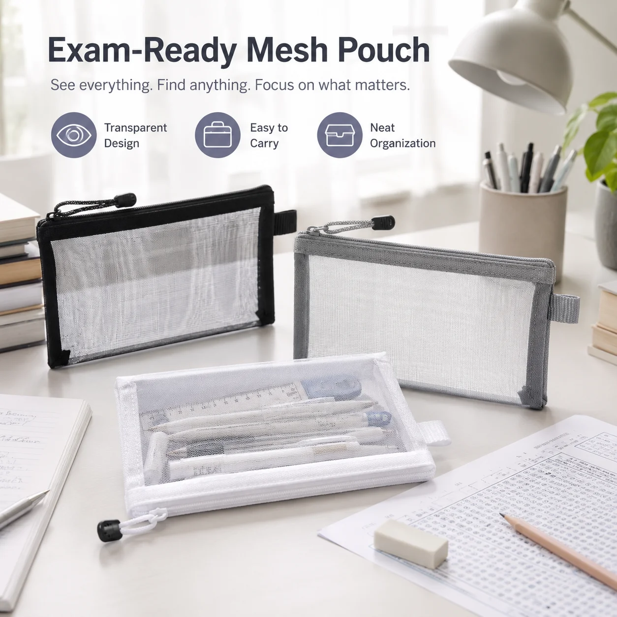 Clear Mesh Pencil Pouch For Exam - Pochette à crayons transparente en maille,